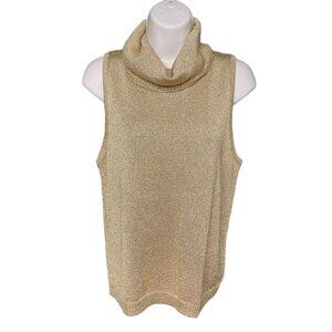 Vintage Womens Cowl Neck Sweater Gold Sparkle Turtleneck Sleeveless Size XL u
